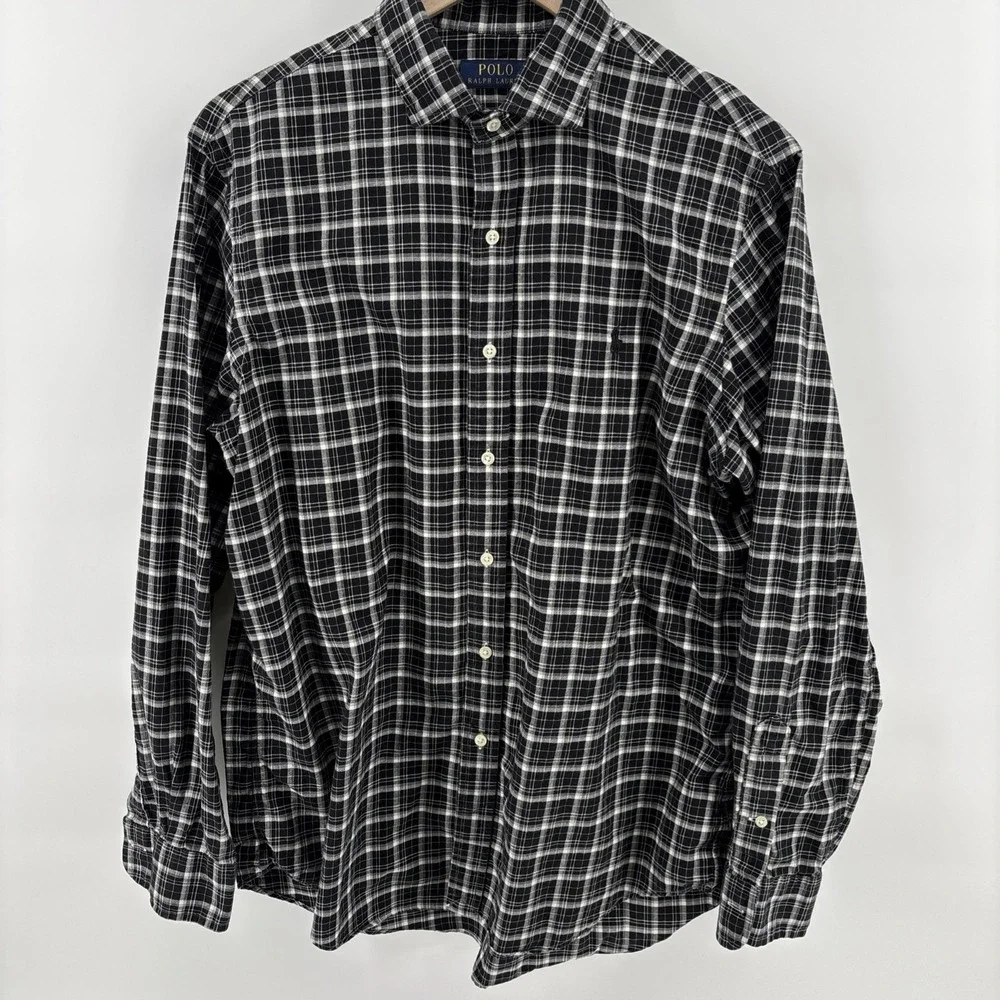 Polo Ralph Lauren Shirt Men's Large‎ Black White Plaid Long Sleeve 100% Cotton